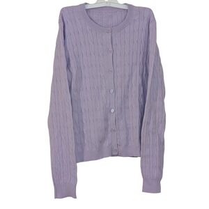 Lavender Purple Cable Knit Cardigan Sweater 100% Cotton Crew Neck Long Sleeve XS